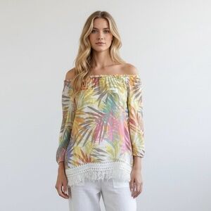 4/$24 Spense‎ Tropical Floral Print Lace Trim Multi Color Blouse
